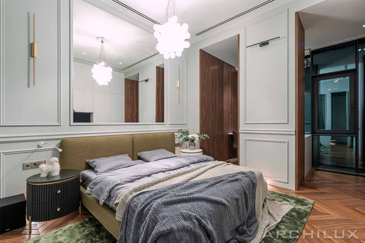 Готовые дизайн проекты квартир. Спальня в современном классическом стиле.  Красивые интерьеры домов
